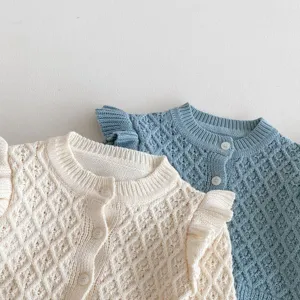 Baby girl knit cardigan with cute ruffle sleeves, cozy diamond pattern sweater for autumn.