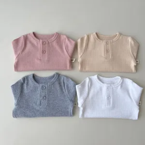 Infant baby ribbed cotton long sleeve shirt set, cute button-down toddler top detail.