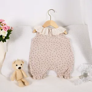 Cute baby girl summer floral sleeveless romper with ruffled collar, soft and breathable fabric.