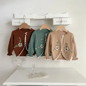 Baby Girl Embroidered Long Sleeve Knit Cardigan Cute Floral Cotton Toddler Sweater Top