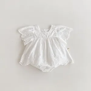 Baby girl white cotton lace flutter sleeve romper dress infant summer cute bodysuit outfit
