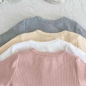 Cotton baby long sleeve t-shirt infant basic top crew neck ribbed clothes for 0-2 years old