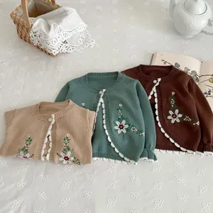 Baby Girls Long Sleeve Knit Cardigan Cute Floral Embroidered Cotton Sweater Infant Toddler Autumn Top Outerwear