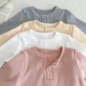 Baby ribbed cotton long sleeve t-shirt set round neck unisex pullover for 0-2 years