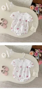 Cute infant baby girl summer romper with lace lapel floral print and sweet design.
