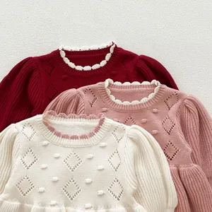 Chic toddler girls knit dress detail, cozy long sleeve sweater with cute hollow-out pattern.