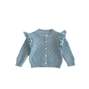 Cute baby toddler girls knit cardigan sweater with fly sleeves and diamond pattern for autumn