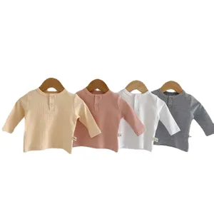 Baby long sleeve ribbed cotton t-shirt crew neck infant top for boys and girls