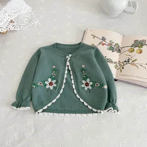 Baby girls floral embroidered knit cardigan long sleeve cotton sweater top detail view.
