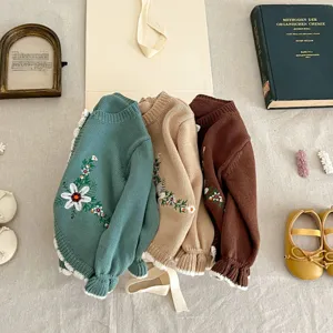 Detailed baby knitted cardigan view with sweet floral embroidery and cozy long sleeves.