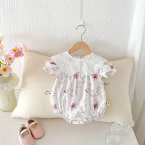 Cute baby girl summer romper with lace collar and pink butterfly print, sweet infant creeper.