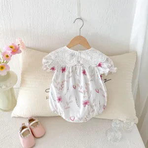 Baby girl cute floral romper short sleeve lace collar newborn infant bodysuit crawler summer clothes