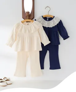 Kids long sleeve top and flared pants set, cute lace collar toddler girls spring outfit.