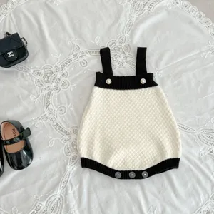 Süßer Babymädchen Strick Overall Kontrastfarbe Träger Strampler Herbst Mode Set