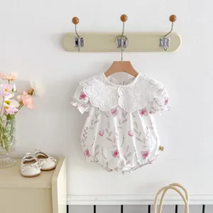 Cute baby girl summer romper with delicate lace collar and sweet pink butterfly print clothes