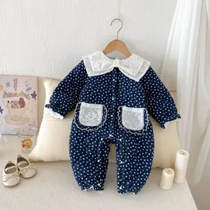 Infant Baby Girls Winter Thickened Cotton Romper Cute Polka Dot Fleece Lined Long Sleeve Lapel Jumpsuit Sweet Crawler Outfit