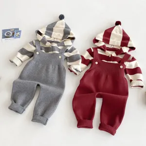 Süßes Baby Strickset mit Kapuzenpullover und Latzhose, gestreifter Pullover für Kleinkinder.
