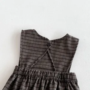 Infant baby girl plaid sleeveless romper detail, cute grey grid toddler dress backend.