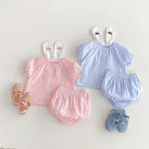 Summer baby girl striped short sleeve top shorts set cute rabbit ears design cute sandals.