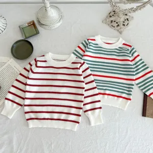 Kinder Farbblock gestreifter Strickpullover, weiches Baumwoll Langarmshirt für Kleinkinder.