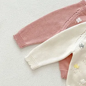 Handmade embroidered baby knit cardigan, soft cotton yarn raglan sleeve sweater for infant girls.