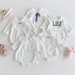 Cute infant baby girl long sleeve romper set with delicate lace doll collar and sweet bows.