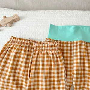 Baby cotton checkered high waist pants comfortable infant belly protection trousers 2pcs