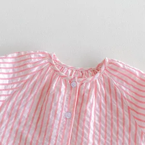 Summer baby girl pink striped blouse detail top, cute round collar with buttons, soft fabric.