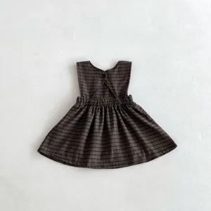 Infant baby girl brown plaid sleeveless dress romper detailed flat lay style product view.