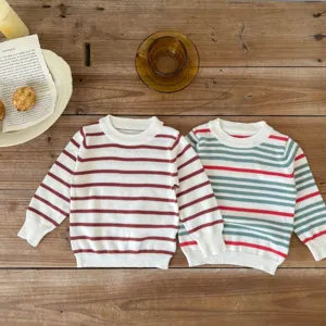 Baby gestreifter Strickpullover Kleinkind Langarm Rundhals Baumwolle Oberteil für Jungen Mädchen