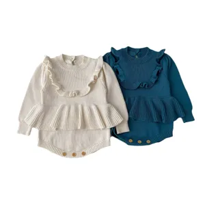 Cute baby knit romper set with ruffles and buttons, cozy long sleeve infant girl crawler.