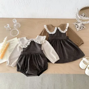 Autumn baby girls plaid romper and dress set with sweet lace collar and soft cotton knit fabric.