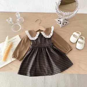 Toddler baby girl long sleeve top and plaid suspender dress cute outfit set for autumn