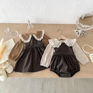 Autumn infant baby girl plaid dress and romper sister matching outfit set detail view