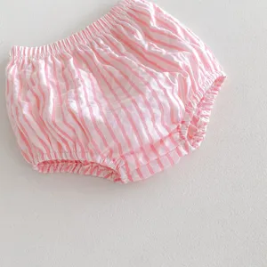 Infant baby girls pink white striped cotton diaper cover bloomers detail view close up