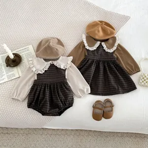 Autumn baby girl plaid romper dress set with beret long sleeve lace collar toddler outfit