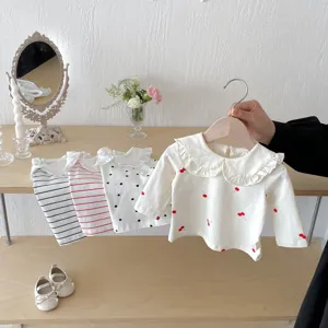 Infant Baby Girls Long Sleeve T-Shirt Cute Lace Doll Collar Striped Floral Cotton Top Children Fall Clothes