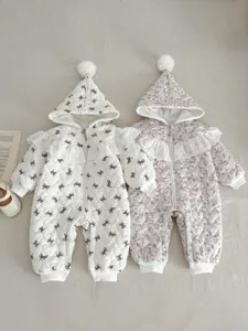 Lindo pelele de invierno para bebé mameluco acolchado cálido con capucha volantes de encaje y lazo