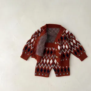 Bebé Niña Vintage Argyle Cárdigan de Punto Y Conjunto de Pantalones Cortos Niño Pequeño Otoño Jersey de Manga Larga Traje