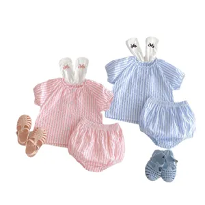 Baby summer striped short sleeve top and shorts set with cute bunny ears and sandals.