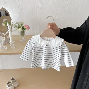 Toddler baby girls striped long sleeve t-shirt with cute ruffle collar, sweet autumn top.