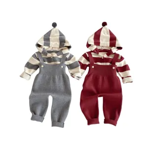 Baby Strickset mit gestreiftem Kapuzenpullover und Latzhose für Herbst und Winter Kleinkinder.