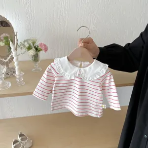 Details of baby girl red striped long sleeve t-shirt with cute ruffled doll collar.