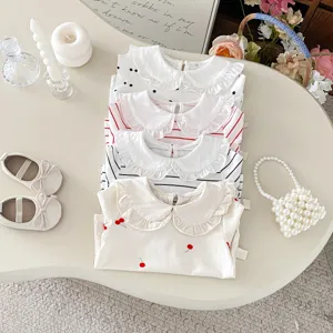 Toddler baby girls long sleeve t-shirt detail, cute lace doll collar sweet prints style.