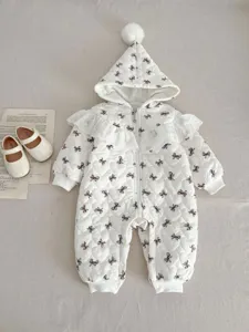 Mameluco de invierno grueso para bebé lazo lindo capucha ropa cálida de niña