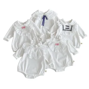 Cute baby girls long sleeve rompers with delicate lace doll collars and sweet bows, pure white.