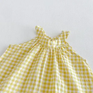 Top halter a quadri gialli da bambina estate carino neonato casual senza maniche