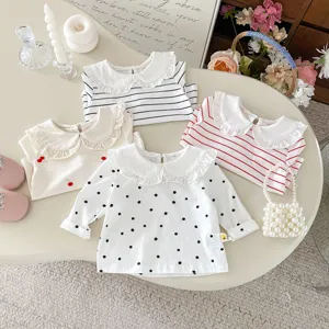 Infant Toddler Lace Doll Collar Striped Printed Long-Sleeve T-Shirt Baby Girl Base Shirt