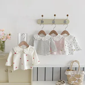 Cute baby toddler ruffle collar long sleeve t-shirt set, cherry print and striped design.