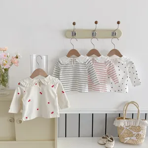Toddler baby girl cute cherry print and striped ruffle collar long sleeve tee detail scene.